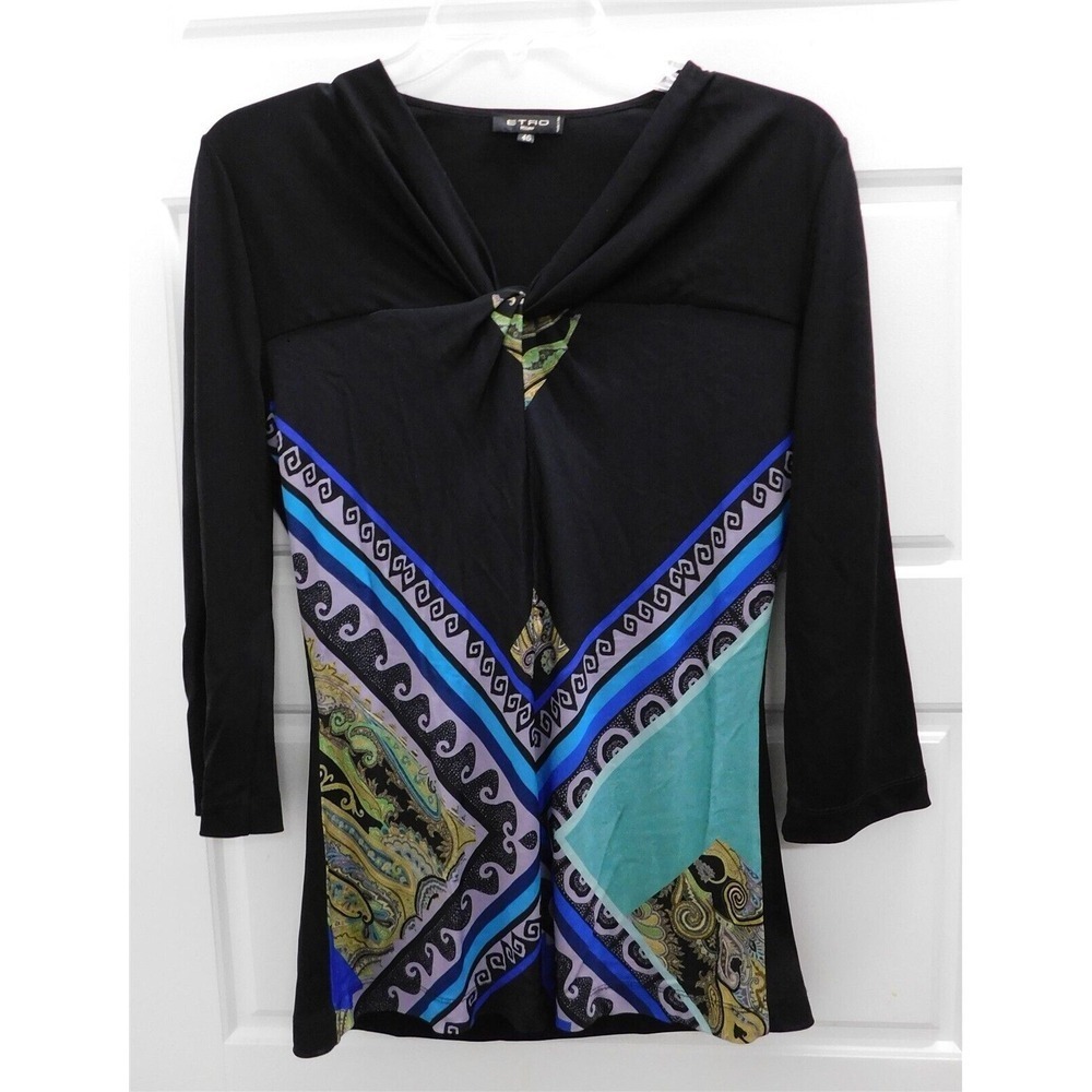 Etro Milano Black Multi Paisley Long Sleeve V-neck Top Italy sz 46